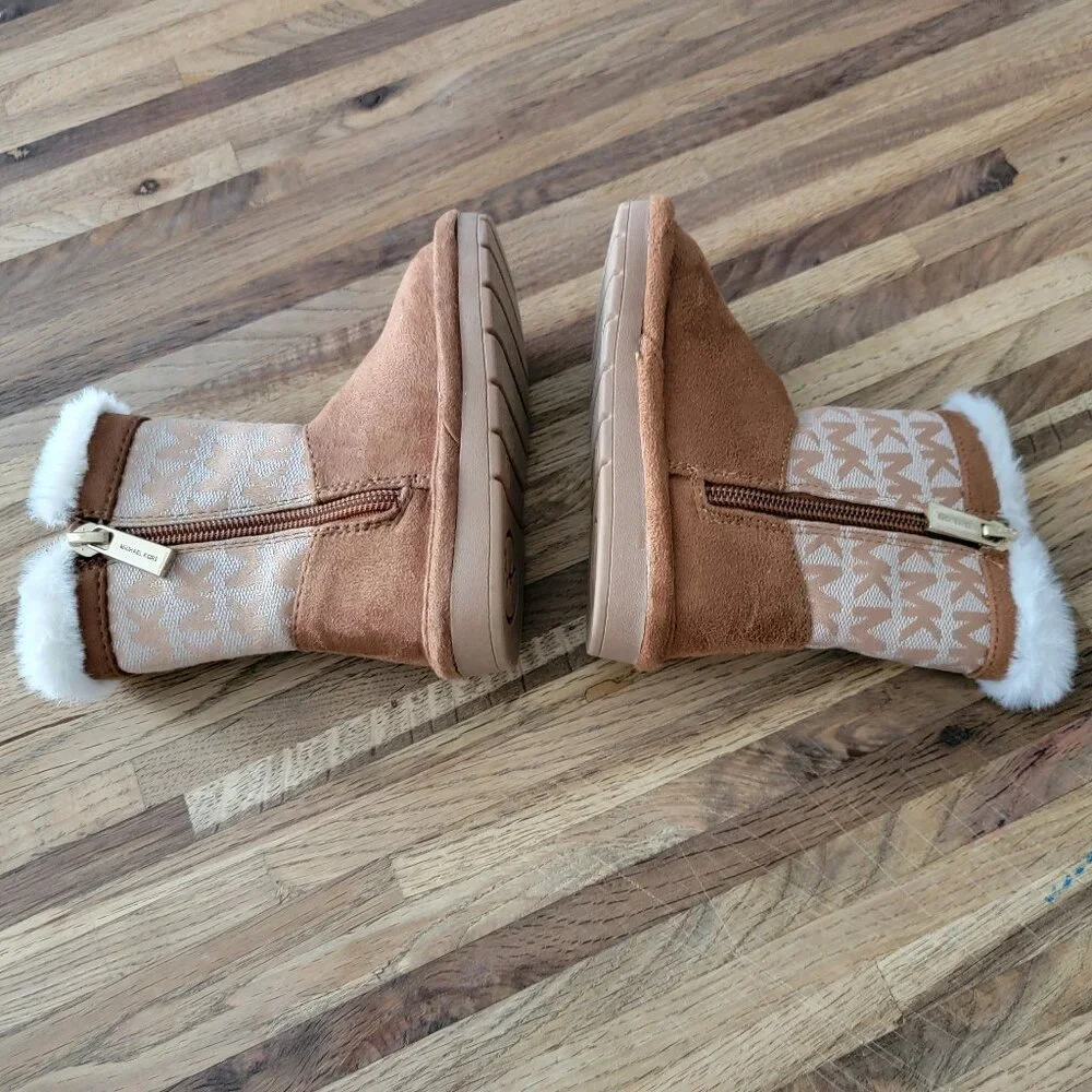 Michael Kors Yancy Girl Toddler boots featuring a brown logo print and faux fur